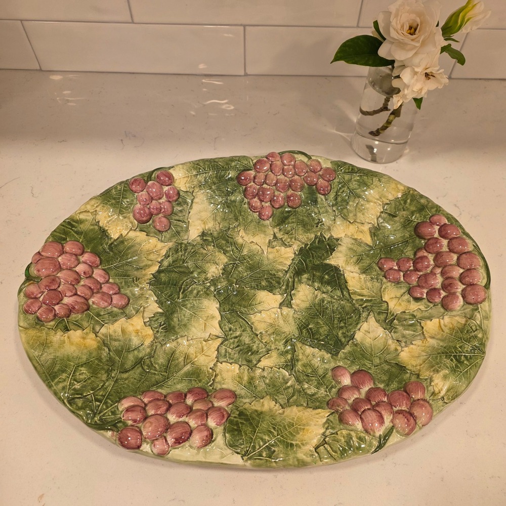 San Marco Grape Platter Italy Large 17.5"‎ Green Purple Embossed Ceramic Leaf